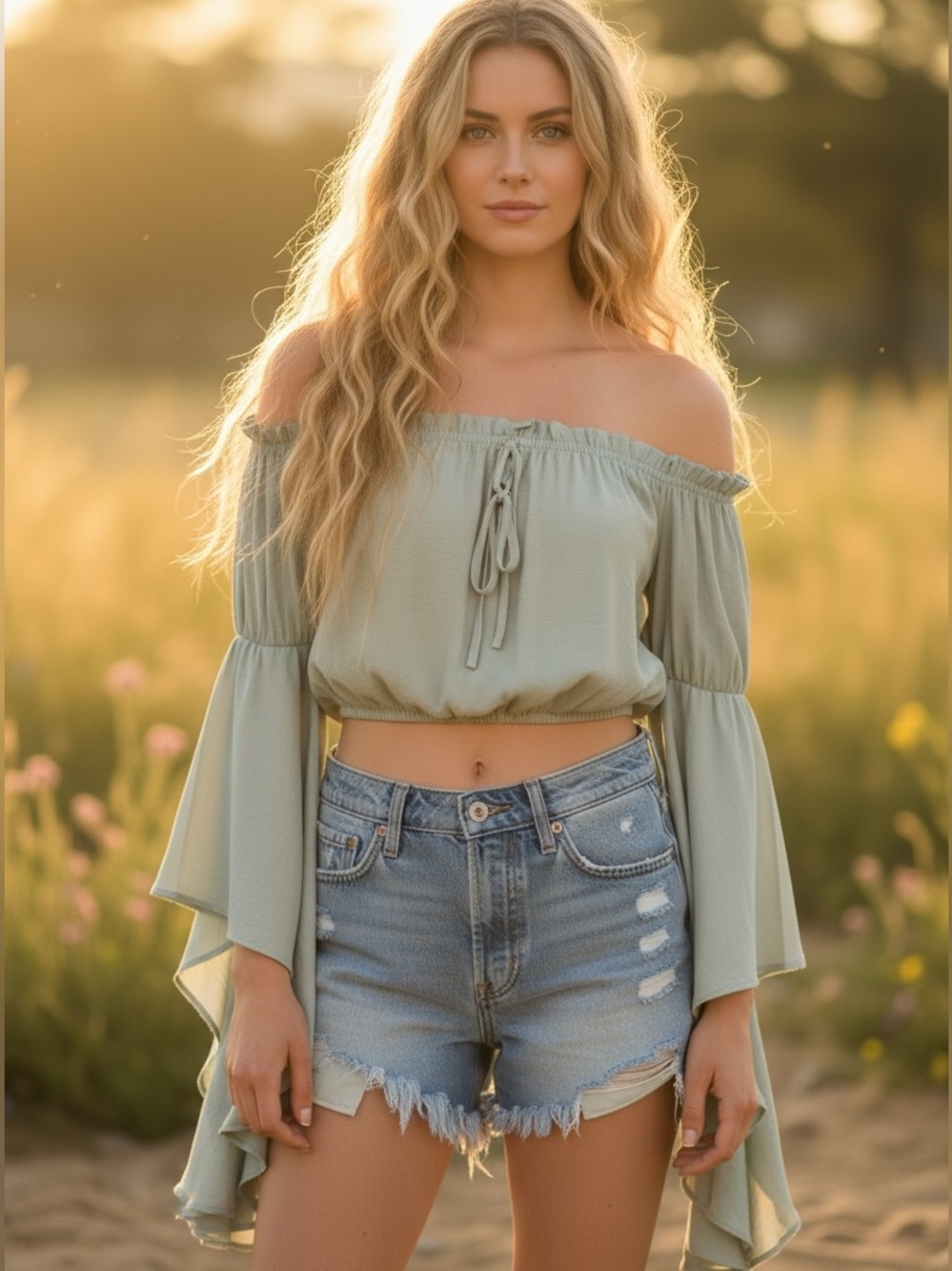 HOMMAGE Los Angeles Maggie May Off Shoulder Butterfly Sleeve Crop Top Boho Sage